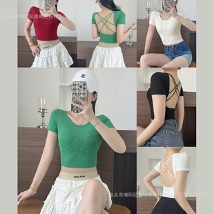 Rayon Hot Girl Hollow Cross Short Sleeve Polka Dot Top with Breast Pad Sexy Beautiful Back Thin Strap Design Easiest for Match Vest