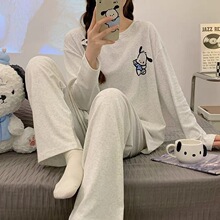 纯棉睡衣女款秋冬季款长袖长裤宽松大码玉桂狗春秋可爱家居服套装