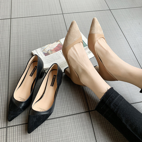 Women's Pointed Toe Fashion Single Strap Shoes  Spring New Korean Style Low Mouth Thick Heel High Heel Women's Shoes Office Professional Shoes Drop Shipping
