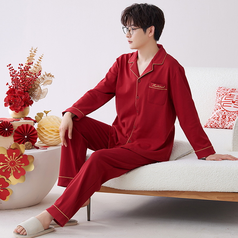 Pijamas hombres primavera y otoño algodón manga larga rojo brillante año animal algodón fino otoño primavera y verano ropa para el hogar