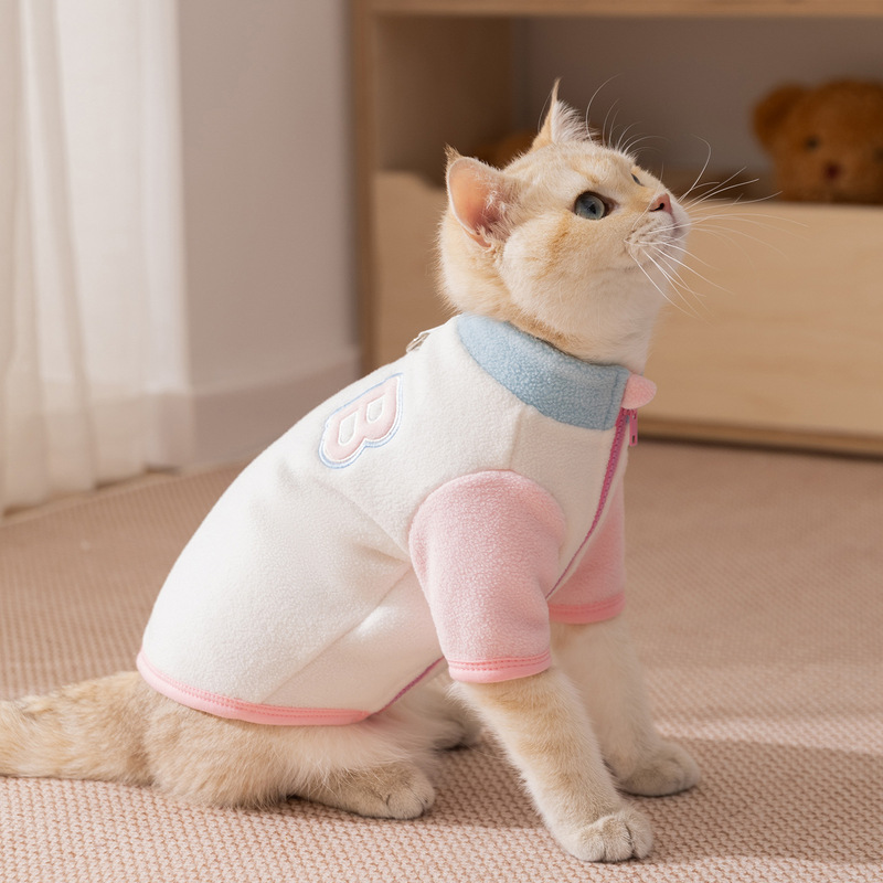 25年新款猫咪衣服简约风撞色BB两脚牵引绒衣保暖幼猫德文猫猫衣服|undefined
