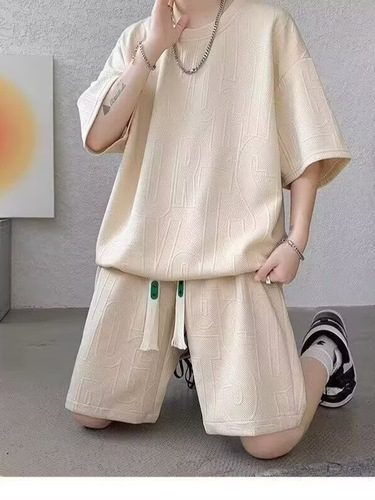 Heavy short-sleeved casual sports suit for men, thin summer wear, loose quarter pants, two-piece waffle suit