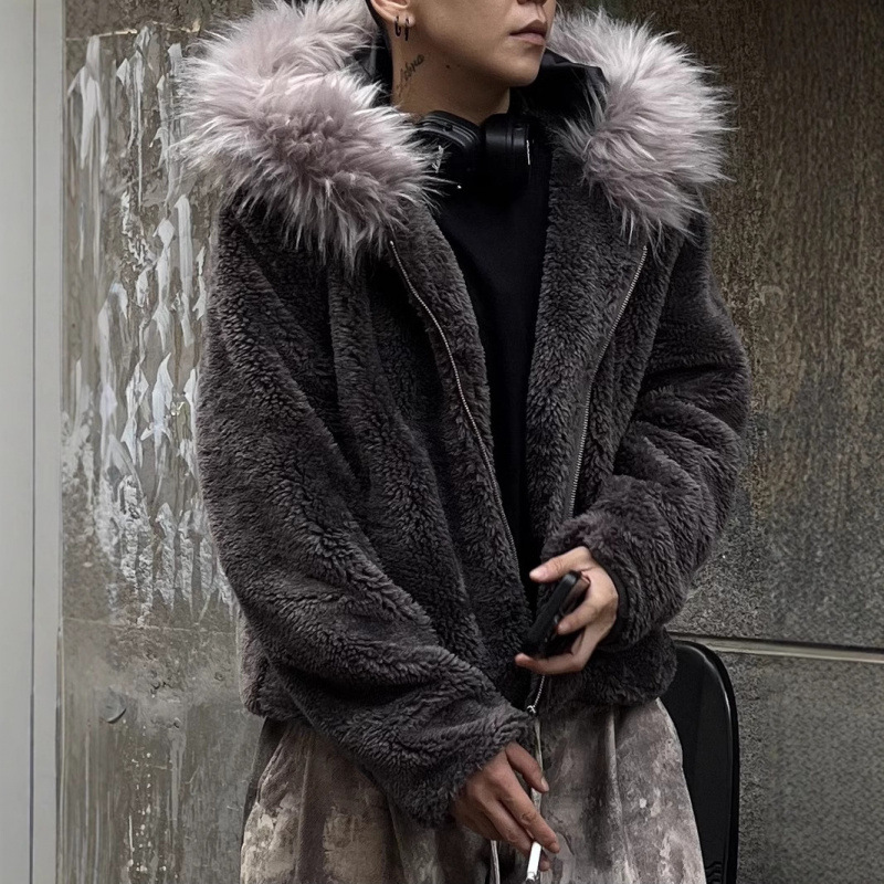 速卖通欧美跨境2025男女同款羊羔绒加厚保暖外套毛毛拼接连帽开衫