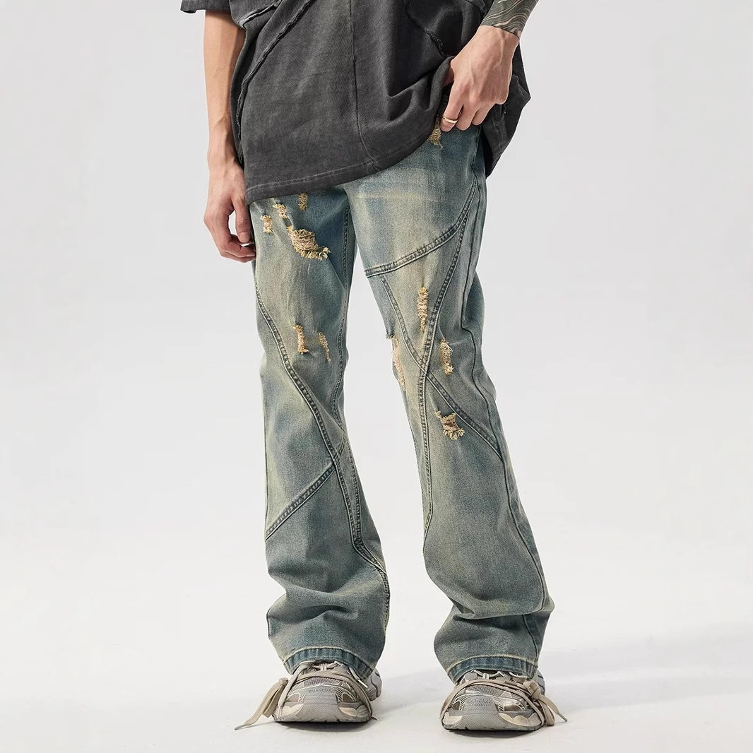American Old Worn Jeans Men's Loose And Slightly High Street Line Design Style Pants_mkmklike.com