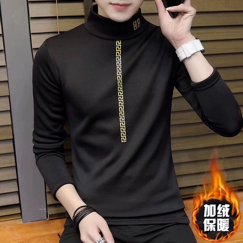 Мужская Приталенная футболка с высоким воротником и длинными рукавами на флисовой подкладке, осень 2023, новый стиль, тонкая флисовая Базовая рубашка, повседневный корейский топ