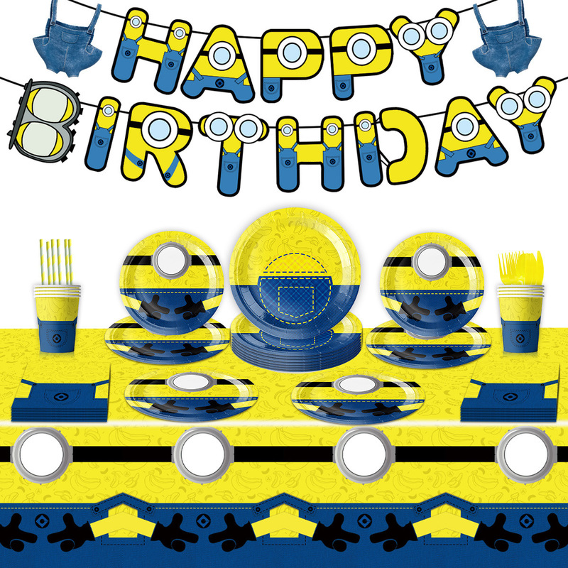 Cartoon Minion-Themed Children's Birthday Party Paper Plates, Paper Cups, Napkins, Banners, Tablecloths, Cake Toppers Cartoon Minion-Themed Children's Birthday Party Paper Plates, Paper Cups, Napkins, Banners, Tablecloths, Cake Toppers