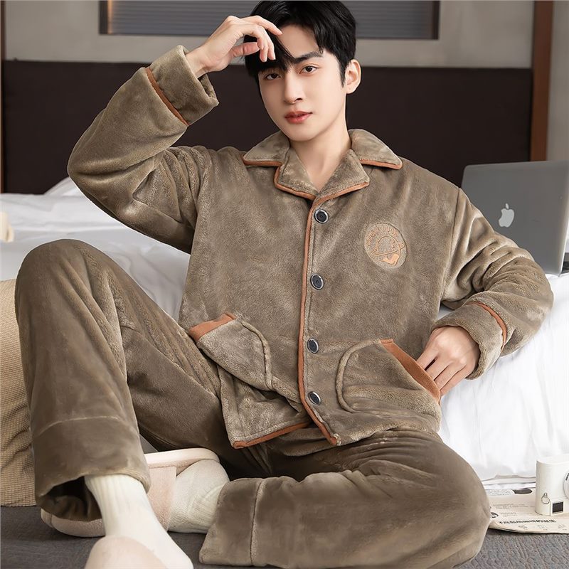 Pijama de invierno para hombres engrosado conjunto de franela de coral de mediana edad ropa para el hogar de lana