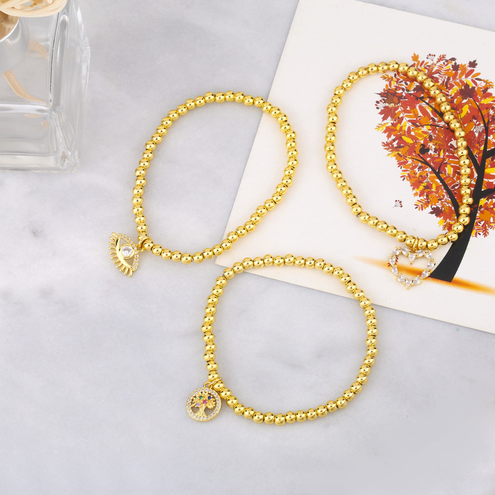 European and American gold-plated round bead diamond heart-shaped eyes tree copper bracelet