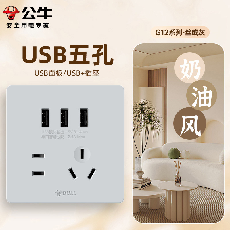 [G12 gris de terciopelo] enchufe del interruptor toro 86 tipo de panel de enchufe del interruptor de pared doméstico 5 agujeros 10A montaje oculto