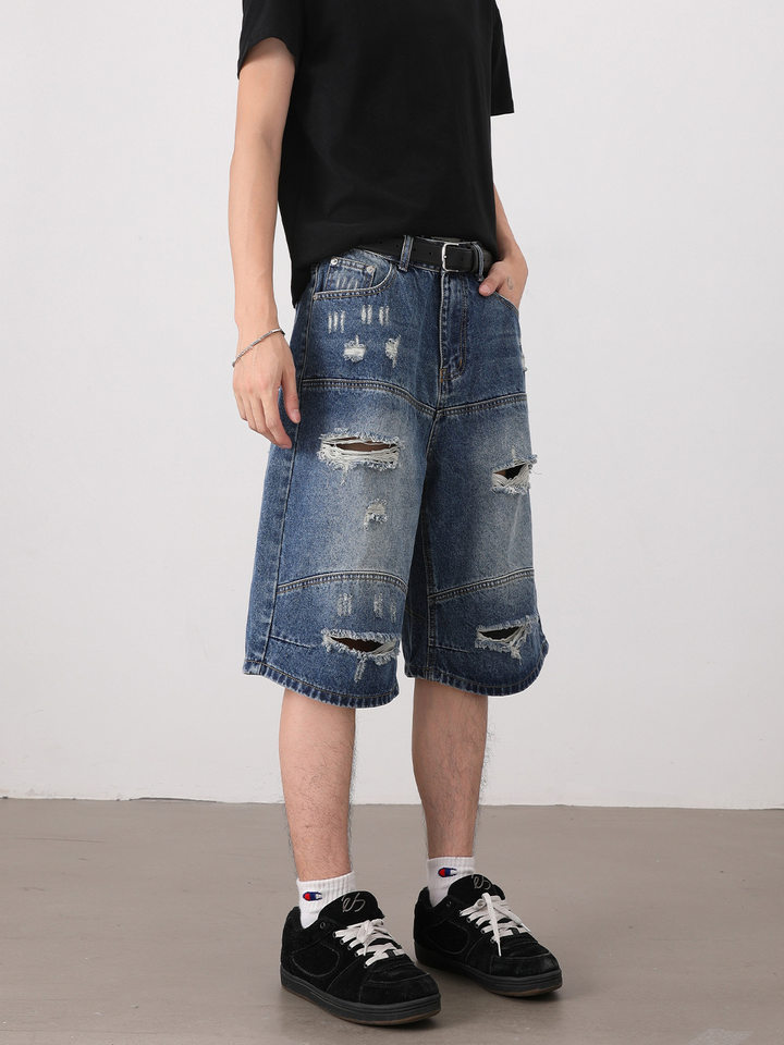 Quần short jean nam dáng rộng phong cách retro, rách giặt mài, lửng ống đứng — Màu xanh dương