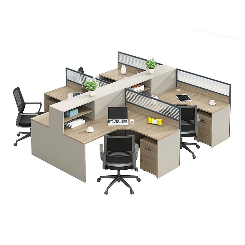 Mesa de oficina del personal para cuatro personas, escritorio de oficina de oficina de escritorio y silla combinada de pantalla de computadora del personal moderno y simple