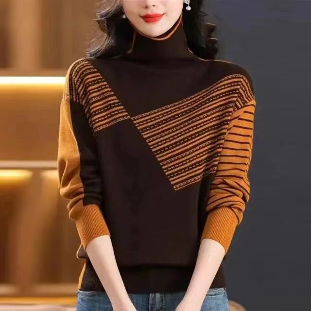 精品女装针织衫毛衣2025冬季新款拼色半高领宽松显瘦百搭毛衣上衣