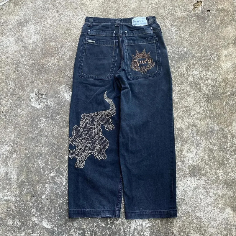 High Street Fashion Brand Heavyweight Washed Denim Wide-Leg Pants Vintage Distressed Crocodile Print Loose Long Pants Unisex High Street Fashion Brand Heavyweight Washed Denim Wide-Leg Pants Vintage Distressed Crocodile Print Loose Long Pants Unisex