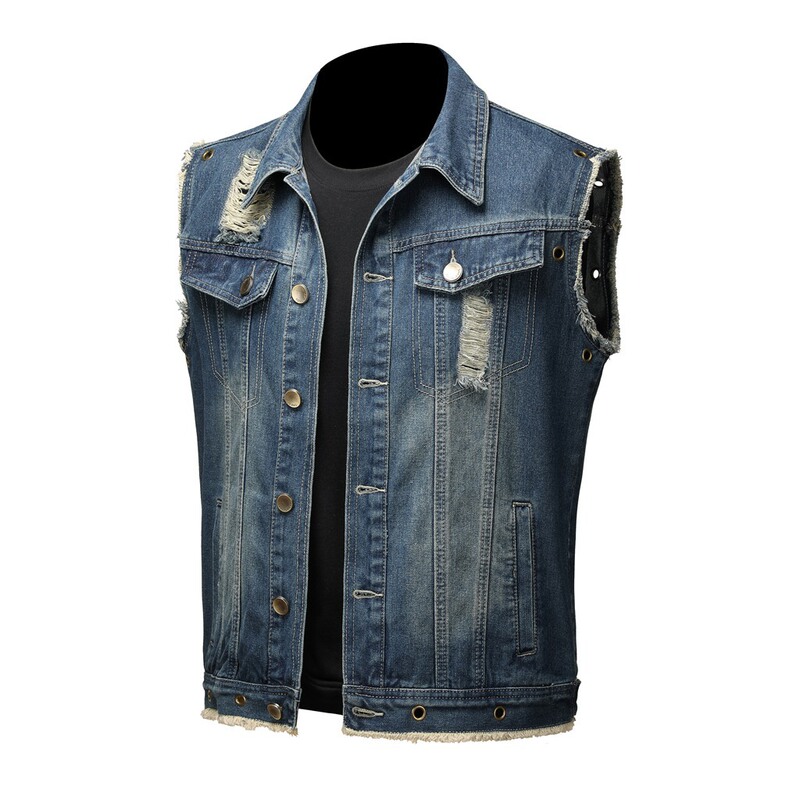 American-style Spring and Autumn Men's Denim Vest Fashion Brand High-end Hole Locomotive Vest Handsome All-match