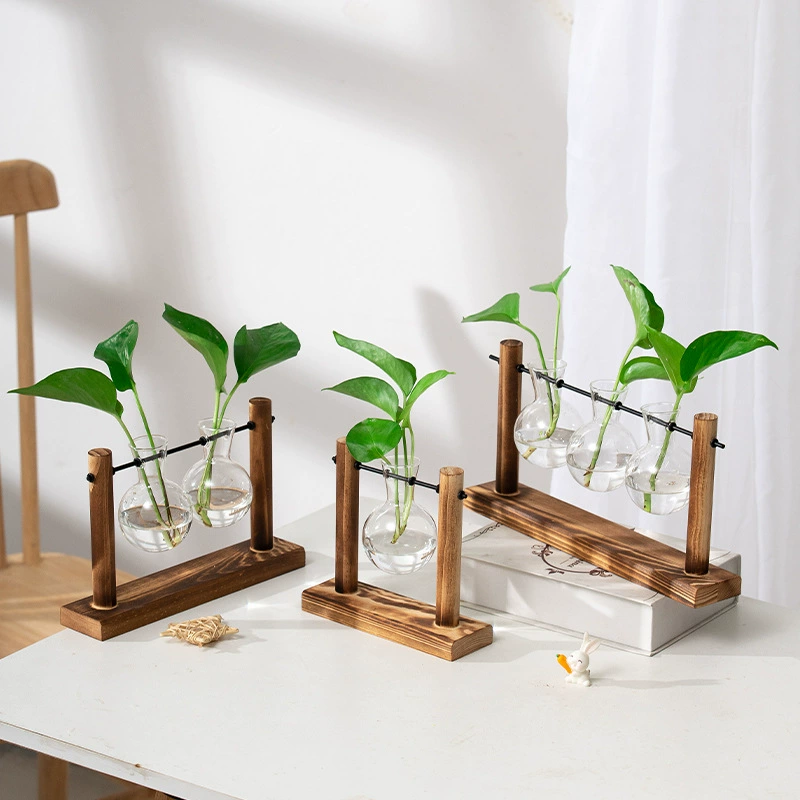 Креативный деревянный каркас Гидропонный контейнер для растений Твердая деревянная стеклянная ваза-качели Домашний офис Декоративные украшения Зеленая Роза Бутылка