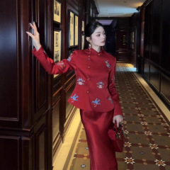 新中式订婚敬酒礼服套装高端大气上档次国风气质红色旗袍连衣裙秋