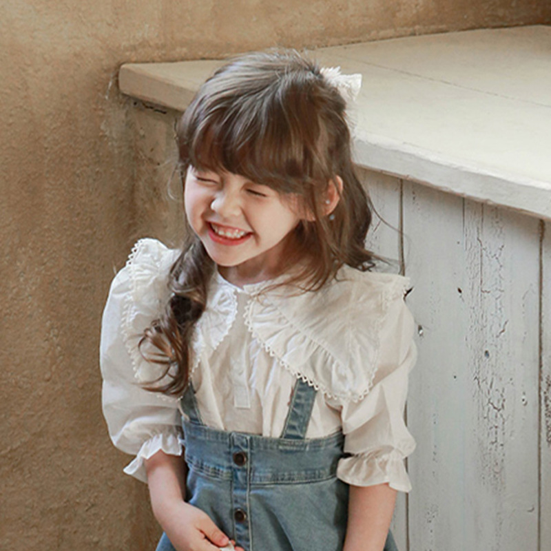 Primavera 2024 fresa Shan Corea del Sur ropa de los niños niñas solapa campana manga dulce camisa en stock