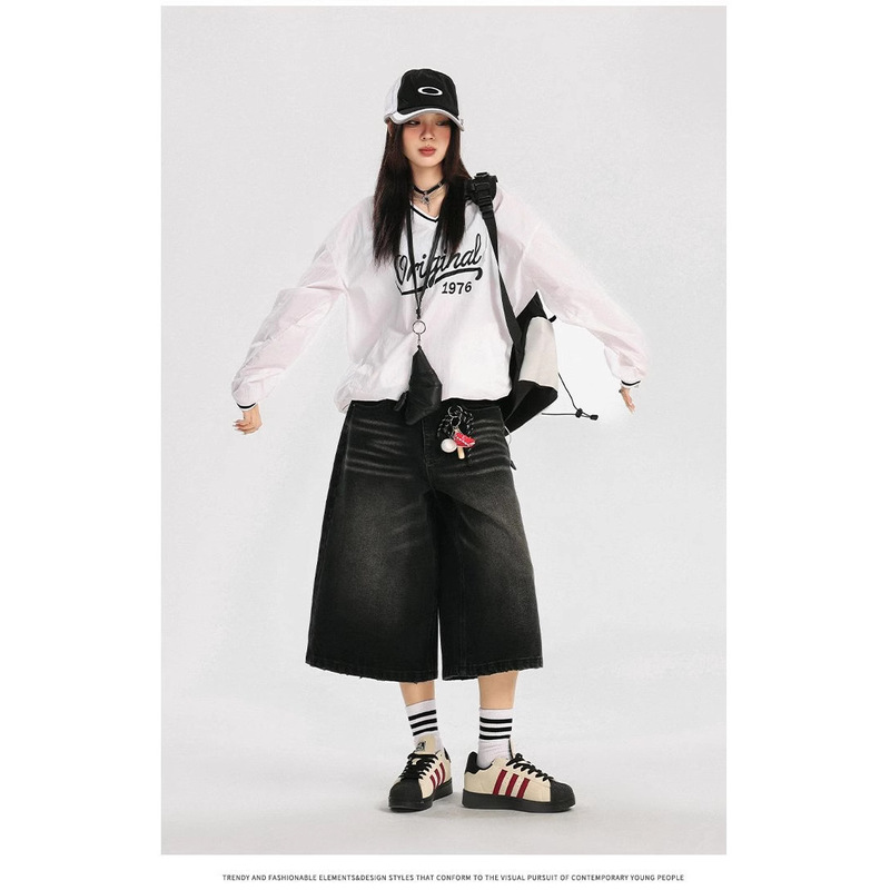 American Retro Black Cropped Pants Women's Summer 2025 New Washed Old Loose Wide Leg Hot Girl Denim Shorts