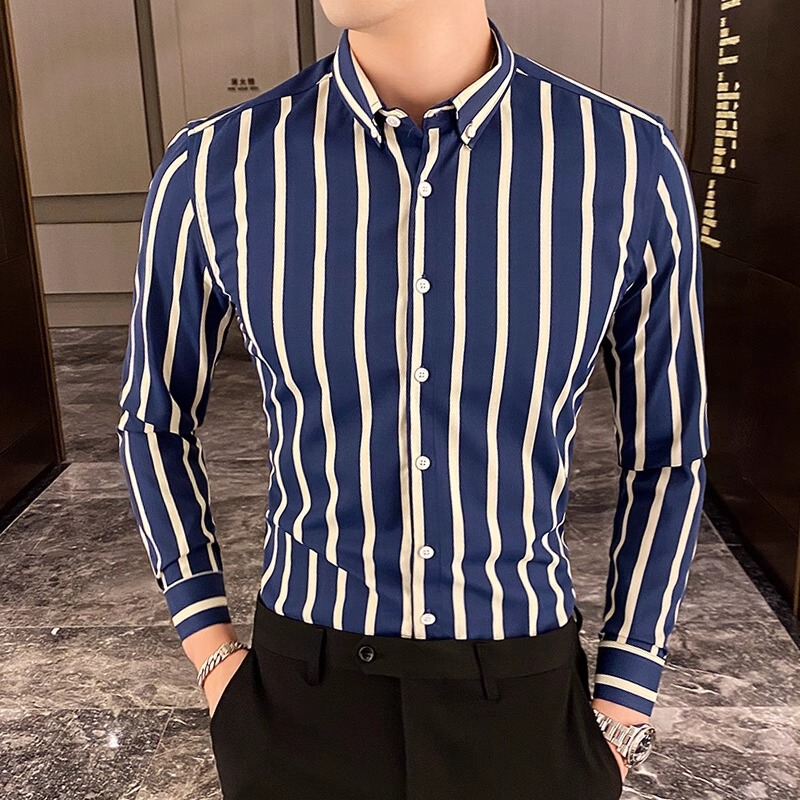 2026 Spring New Fashion Striped Men's Long Sleeve Shirt Slim Fit Korean Style Fashionable Slim Fit Youth Stylish Shirt