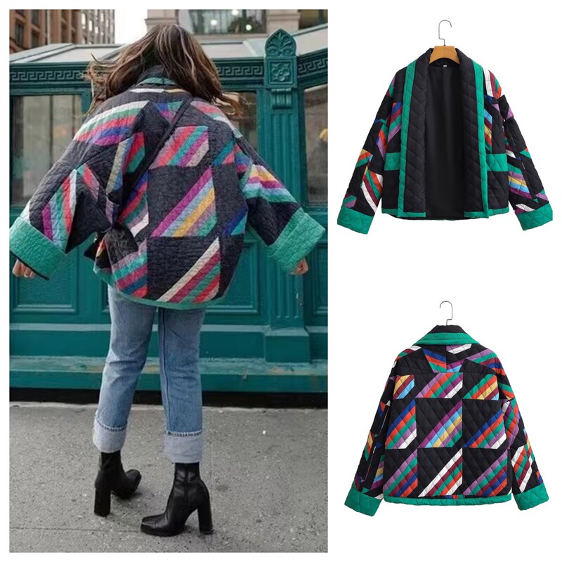 Cross-Border Foreign Trade Women's Short Jacket Cardigan Floral Print Quilted Coat Lightweight Open-Front Cropped Jacket Coat