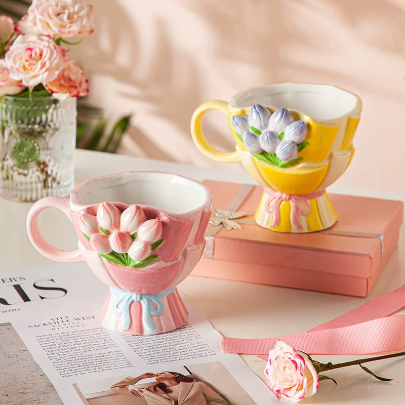 Ceramic Tulip Bouquet Mug, 301–400 ml, 3D Hand-Painted Floral Design