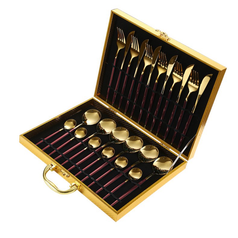 Juego de cubiertos portugueses de acero inoxidable dorado – 24 piezas con caja de regalo