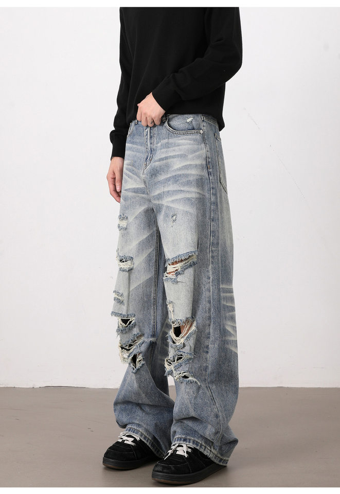 Quần jean nam rách phong cách retro Mỹ dáng rộng ống đứng, quần dài casual — Màu xanh dương chi tiết 11