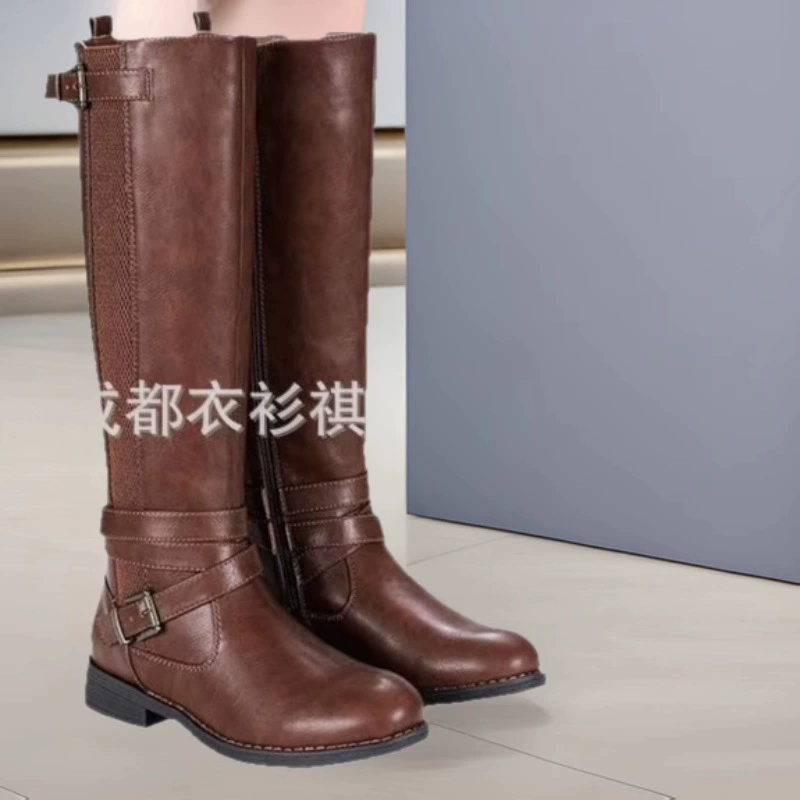 Модель Amazon Export 2025: осенне-зимние европейские и американские ботинки до колена, ретро, с боковой молнией, на низком каблуке, высокие рыцарские сапоги