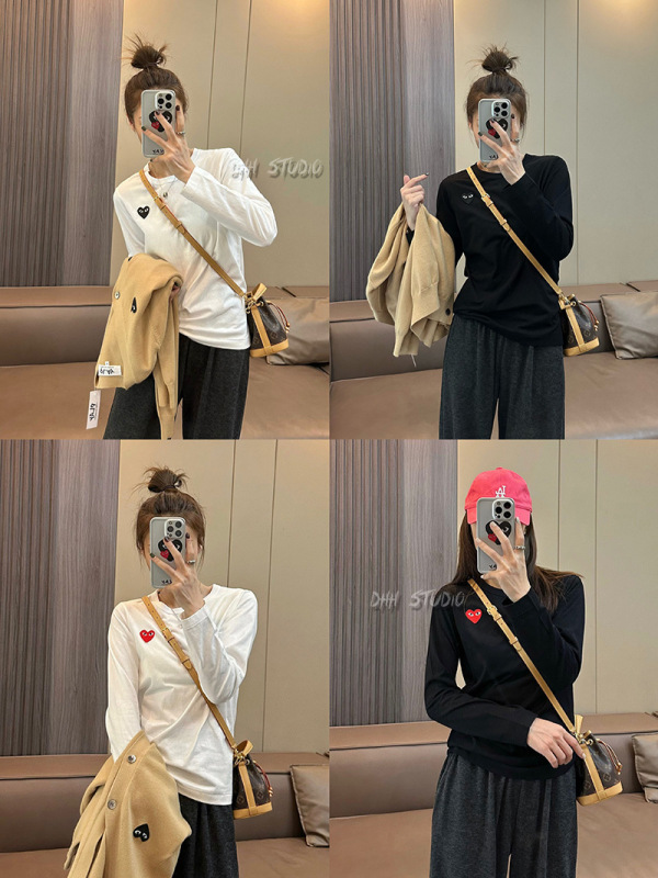 PLAYcdg 川久春秋 男女カップル 刺繍入り ハート レッドハート ブラックハート 長袖Tシャツ 無地 ロングTEE 秋|undefined