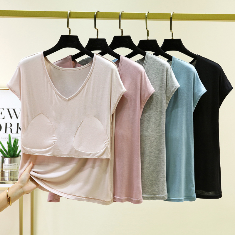 Summer Thin Modal V-Neck Short-Sleeved T-Shirt for Women with Chest Pads, Versatile Loose-Fitting Large Size Anti-Bump Home Top