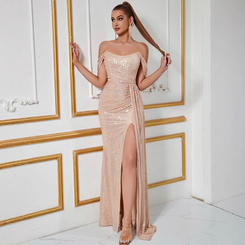 Cross-border Hot Beaded Tube Top Tight dress Sexy Stitching Thin Split High Split Ball Party Evening Dress