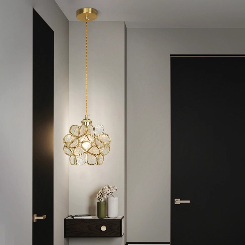Landelier de pétalos de vidrio de cobre japonés restaurante café bar lujo ligero simple acogedor dormitorio lámpara de cabezal de cama