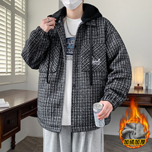 冬季新款加绒外套青少年男中学生潮流羊羔绒格子上衣加厚帅气夹克