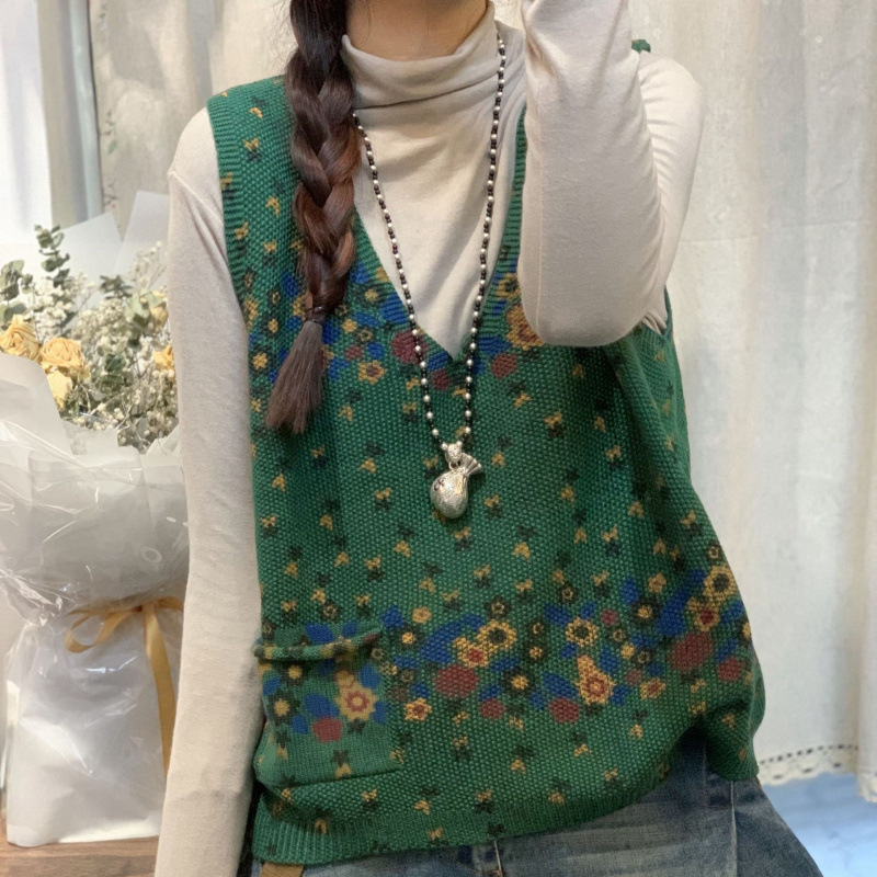 女性用のレトロな小花柄ニットベスト、ファッショナブルなポケット、Vネック、多用途、ファッショナブルなチョッキ、ベスト、セーターベスト|undefined