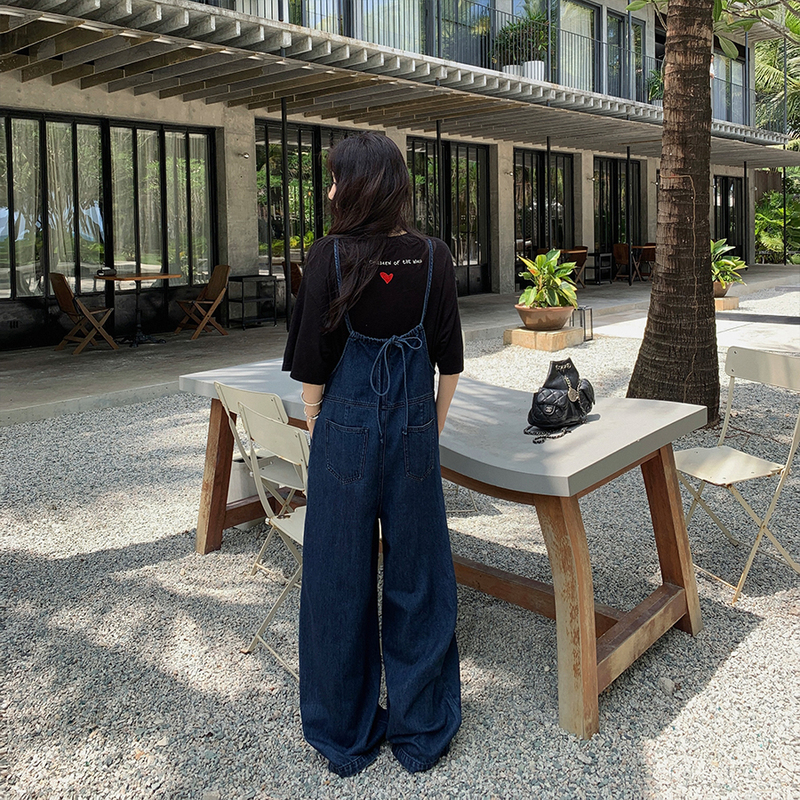 Long Cotton Japanese-Style Youthful Denim Overalls with Thin Straps, Drawstring, Loose Wide-Leg Retro Straight Pants for Women