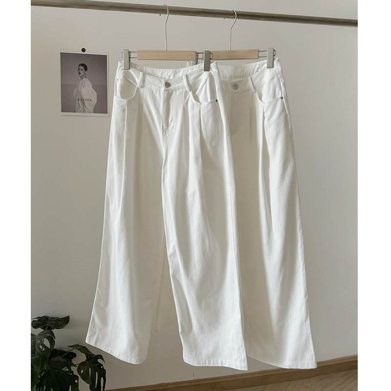 Now Directly Supplied from the Factory, Dongdaemun Oun*Ce Loose-Fitting, Slimming, High-Waisted, Washed White Denim Wide-Leg Casual Pants