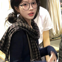 韩系氛围感棉麻双面格子围巾女2025新款文艺复古保暖围脖披肩装饰