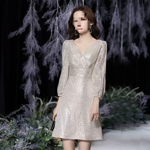 Small evening dress dress for women's new style celebrity sequins light luxury temperament banquet host dress texture