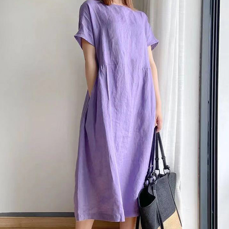 Women's Korean-Style Cotton Plus-Size A-Line New Spring/Summer Solid Color Simple Mid-Length Loose Thin Dress Women's Korean-Style Cotton Plus-Size A-Line New Spring/Summer Solid Color Simple Mid-Length Loose Thin Dress