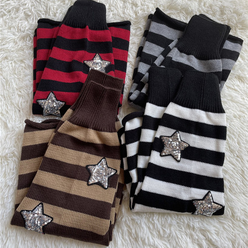 Star leg sets black and gray striped calf socks y2k millennium hot girl pile socks subculture wide leg knitted socks set for women