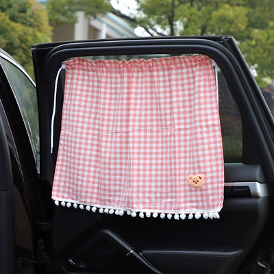 cartoon suction cup side window | Sun shade - plaid-curtain-bear-pink