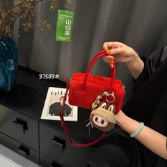磨砂真皮吐司包保龄球包包女时尚精致手拎包麂皮绒斜挎包红色小包