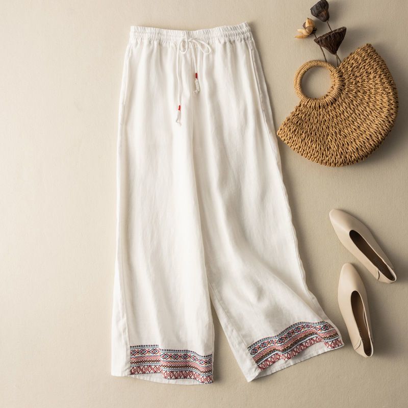 Women's Pendant Cotton and Linen Embroidered Wide-leg Pants Spring and Summer New Loose Straight Pants All-match High Waist Slimming Casual Pants