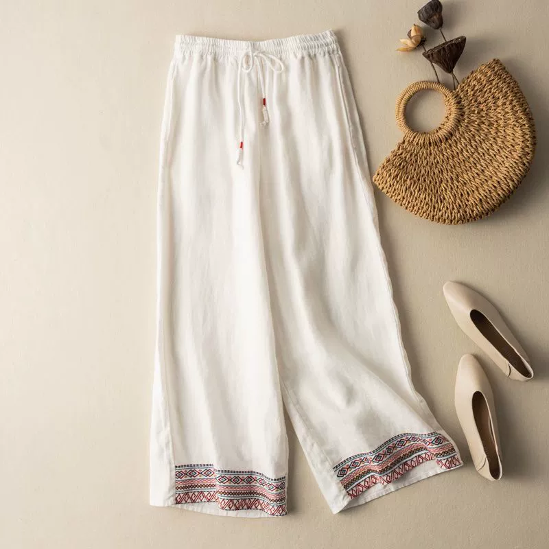 Крушение хлопчатобумажные и льняные вышитые широкие брюки женские весенние и летние новые свободные прямые брюки дикие тонкие брюки с высокой талией