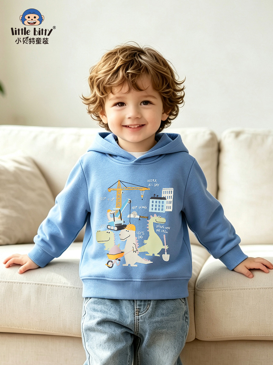 European and American style boys' hooded sweatshirt, autumn and winter 2026, cartoon fun dinosaur print, pullover top for young children