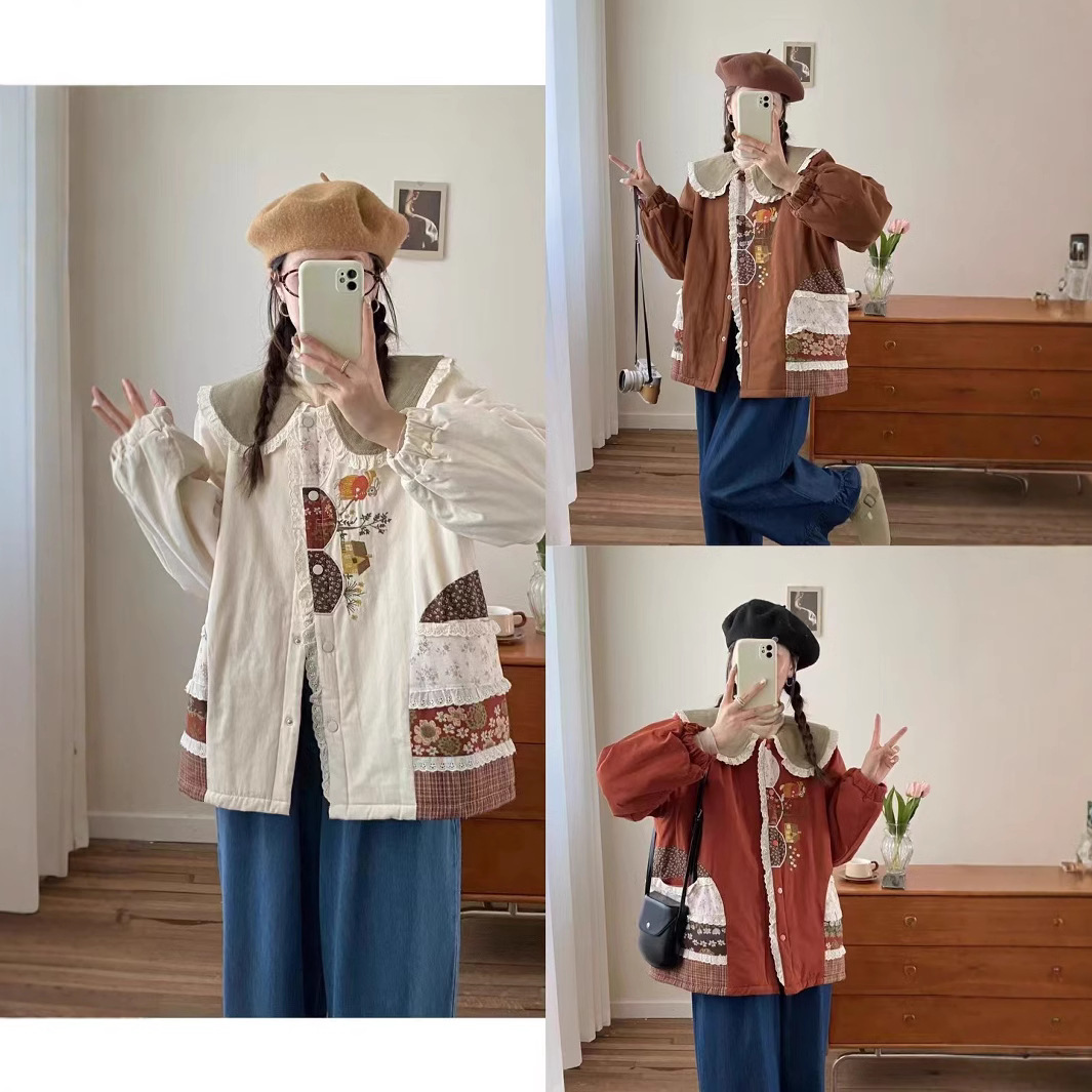 (2개) 2024 가을과 겨울 새로운 모리 귀여운 코튼 패치 자수 인형 칼라 긴 소매 면화 방한면 패딩 코트