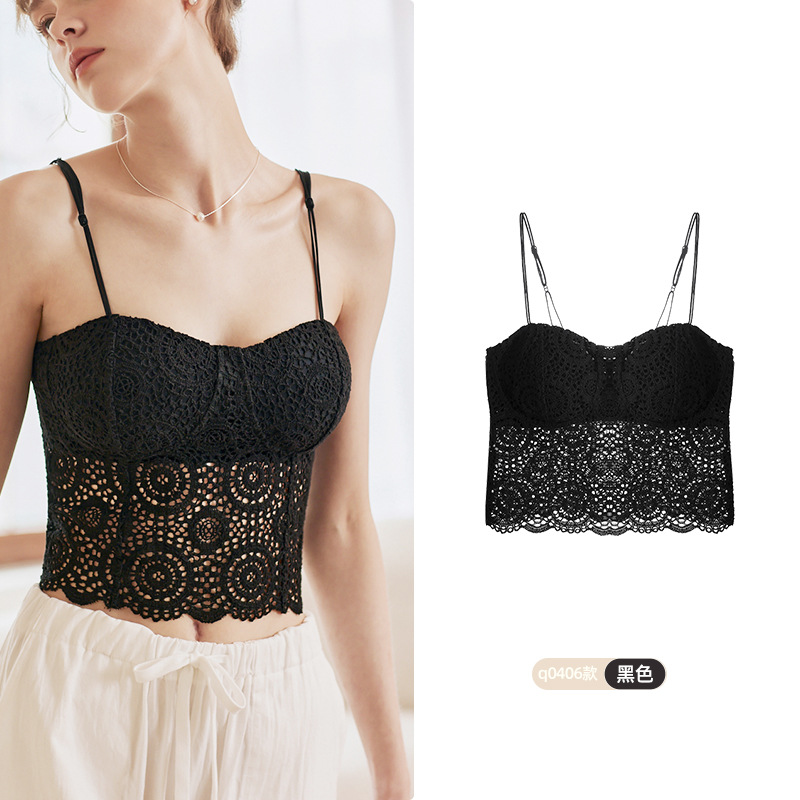 8729 French Light Luxury Encaje sexy Deep V Medio Sling Encaje Ropa interior Chaleco Mujer Sujetador sin cuello en V Mujer