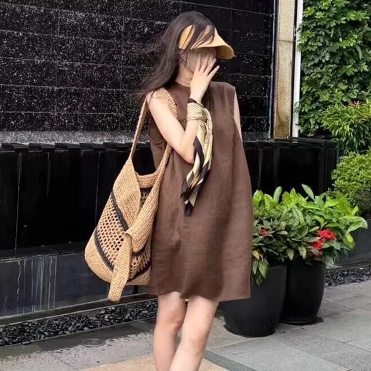 Highly Recommended! Brown Sleeveless Linen Tank Dress for Women, Summer Loose Straight Short Dress