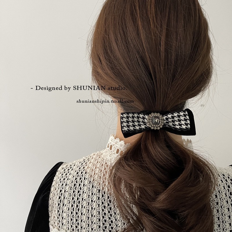 Classico anello per capelli con diamante grigio pied de poule bianco e nero, fiocco delicato, semplice elastico per capelli in tessuto, anello giapponese e coreano per l'intestino crasso_voghion.com
