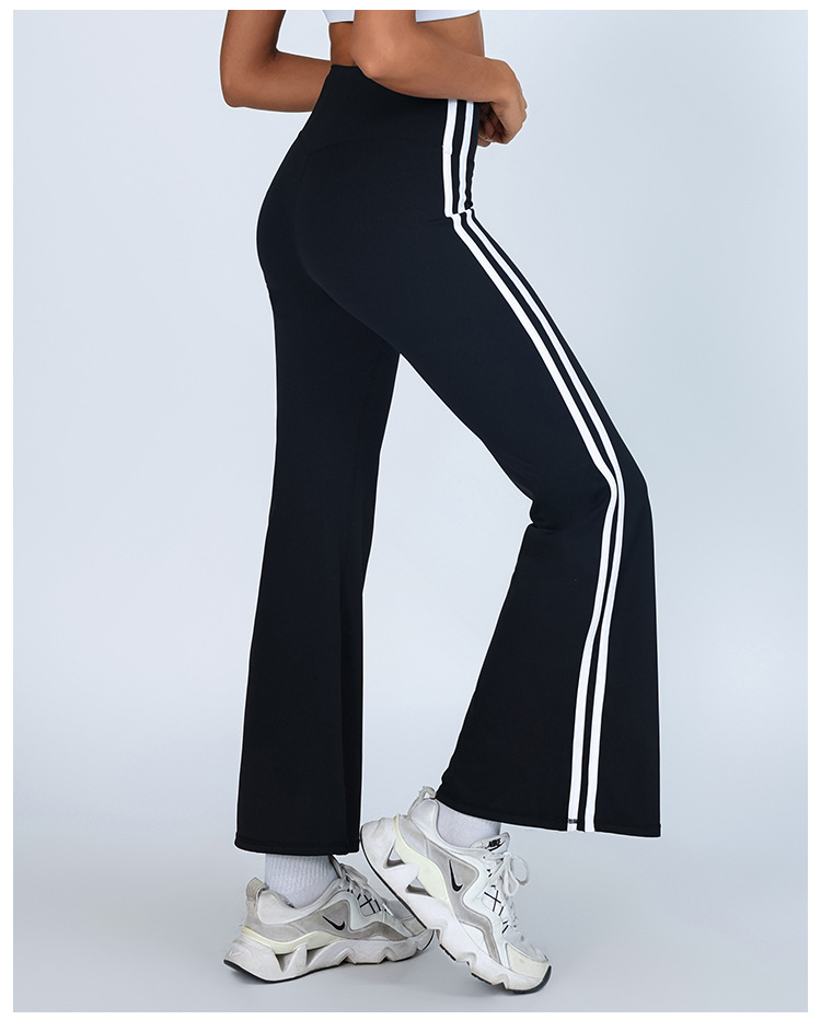 Pantalones de microyoga de cadera de melocotón de estilo europeo y americano, cintura alta, contraste de color blanco, deportes, fitness, pantalones acampanados de secado rápido de alta elasticidad
